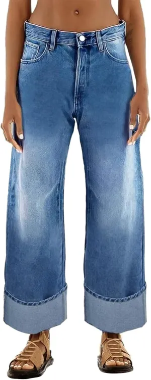 Women's High Waisted Wide Leg Jeans Stretchy Baggy Straight Loose Jeans Casual Washed Denim Mom Pants