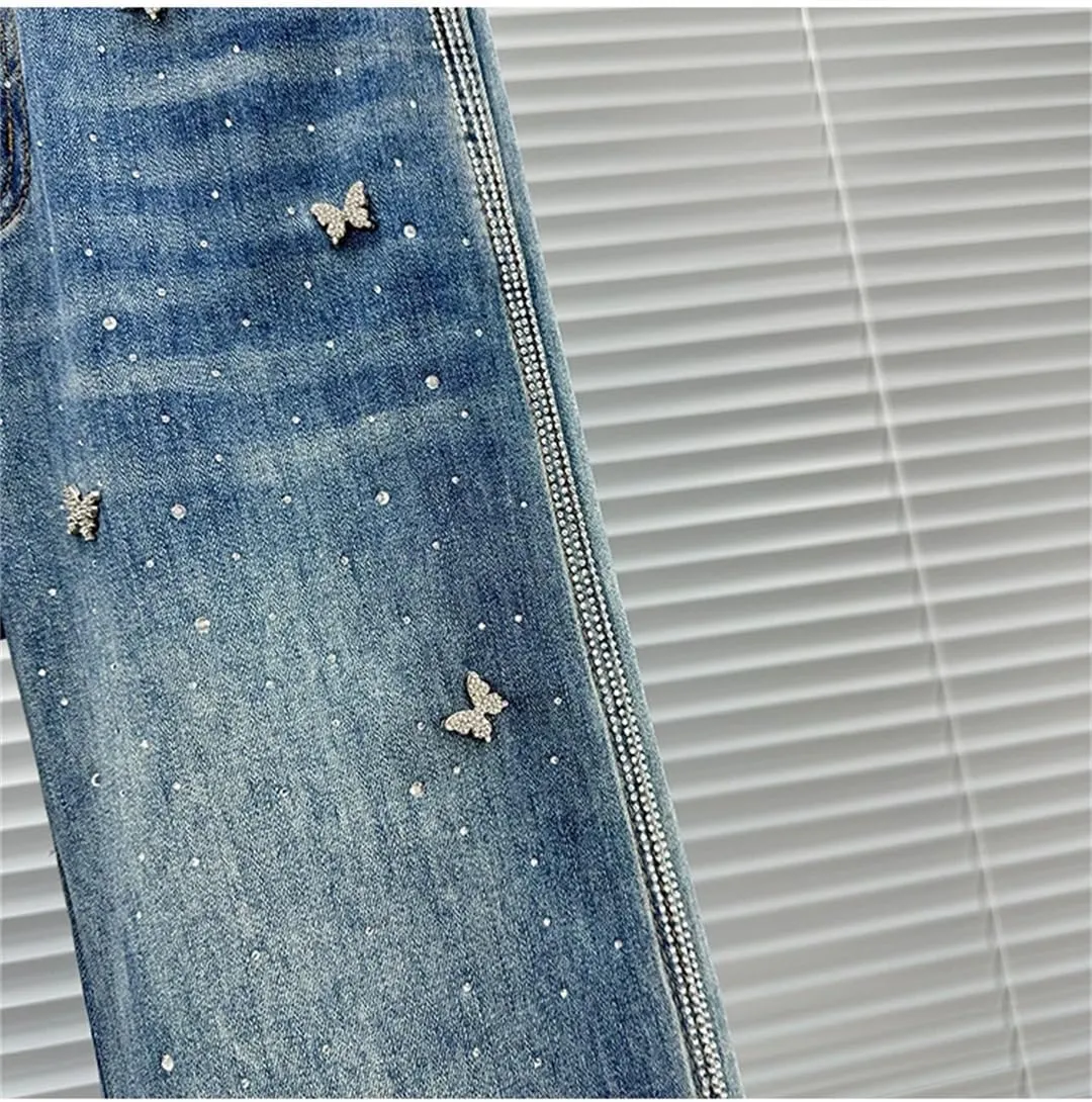 Women's Jeans Patchwork Design Butterfly Buttons Washed Full Length Straight Denim Pants