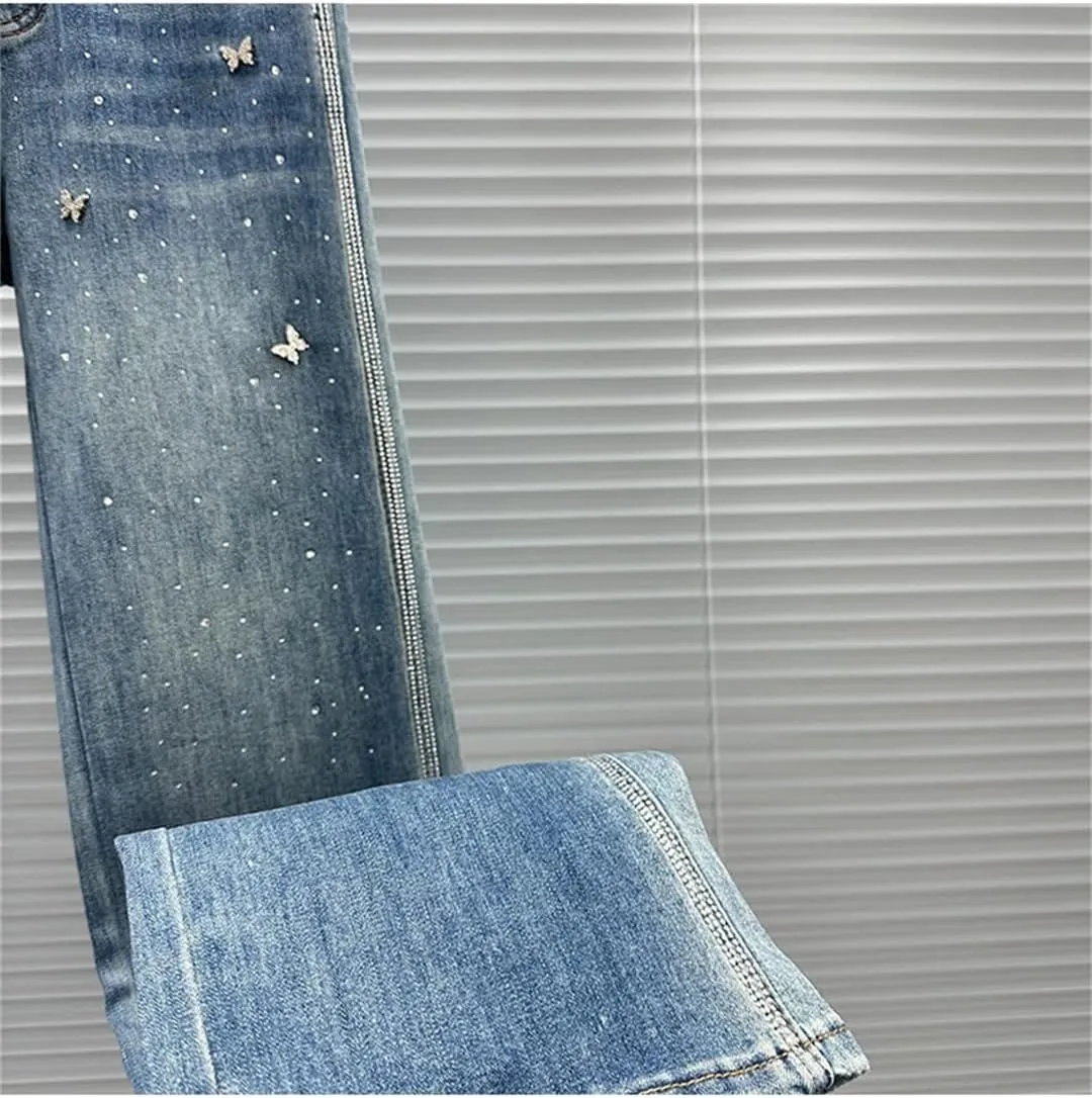 Women's Jeans Patchwork Design Butterfly Buttons Washed Full Length Straight Denim Pants