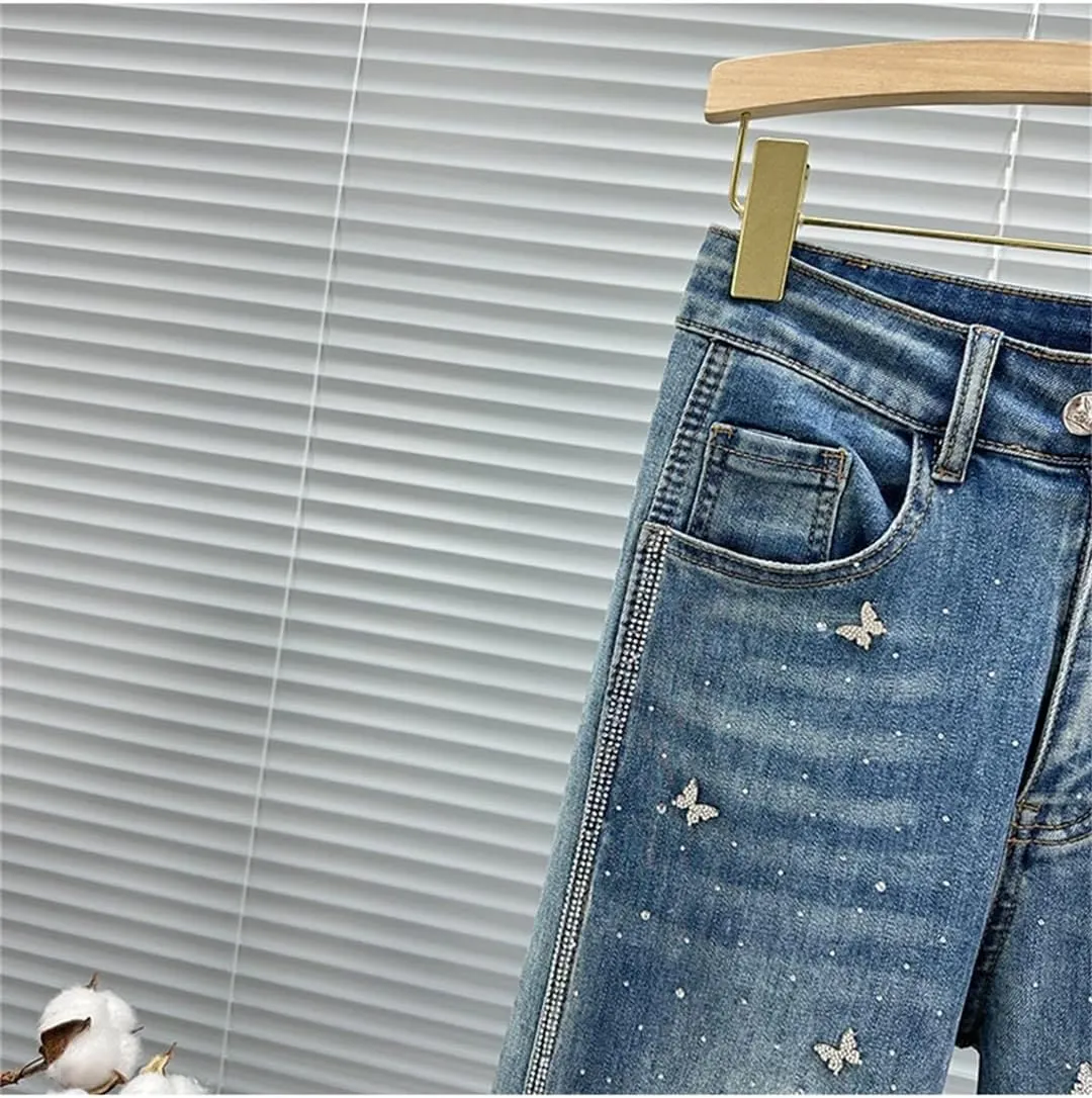 Women's Jeans Patchwork Design Butterfly Buttons Washed Full Length Straight Denim Pants