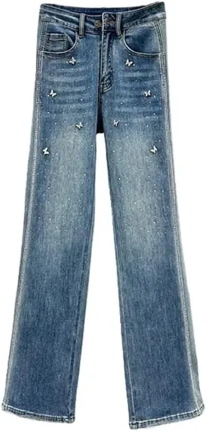 Women's Jeans Patchwork Design Butterfly Buttons Washed Full Length Straight Denim Pants