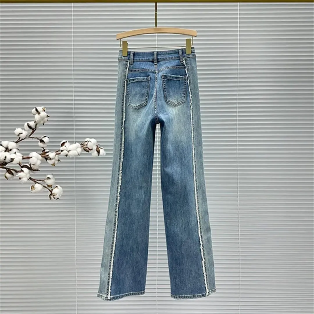 Women's Jeans Patchwork Design Butterfly Buttons Washed Full Length Straight Denim Pants