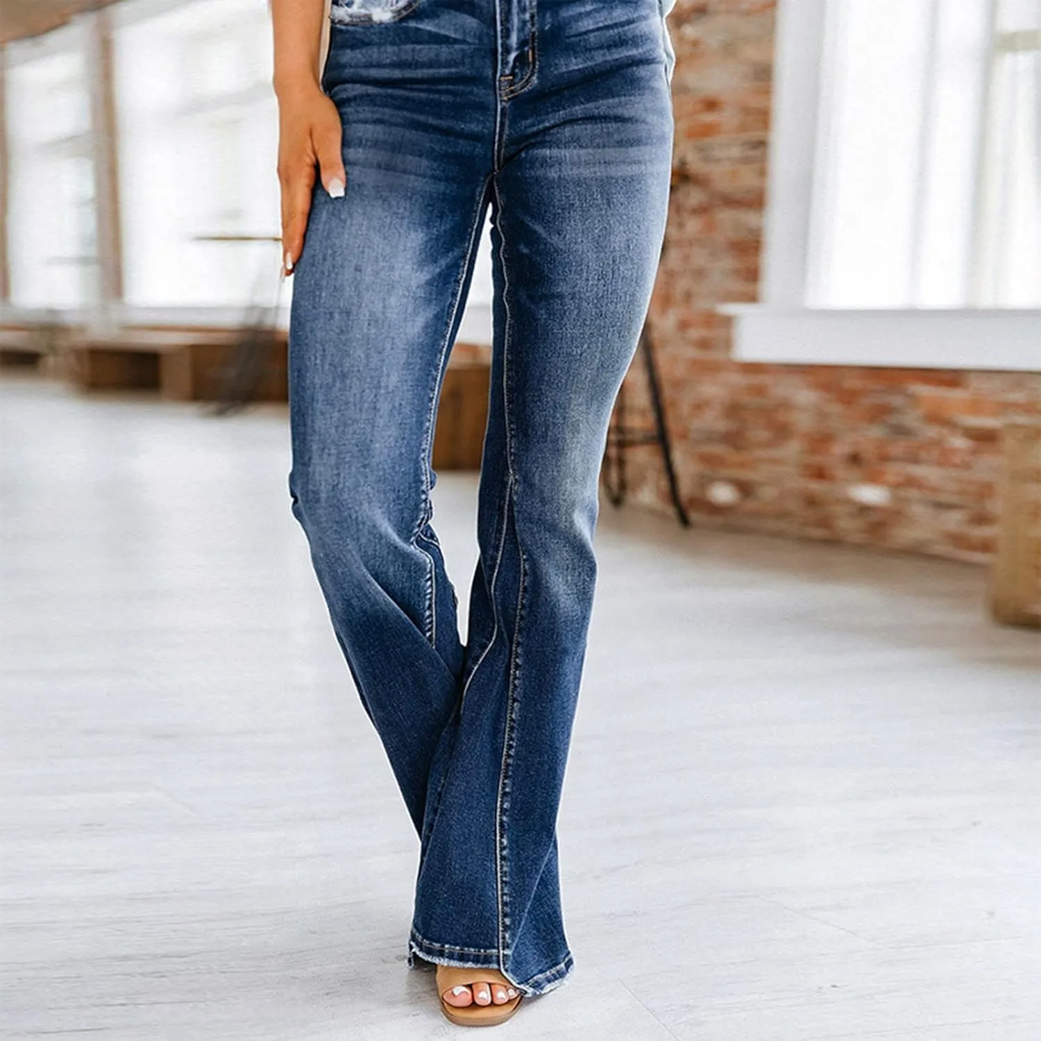 Women's Jeans Solid Color High Waisted Stretch Trim Flare Jeans