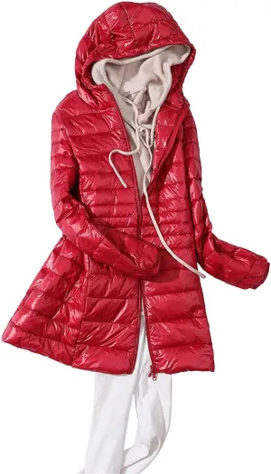 Women's Lightweight Down Jackets Hooded Drawstring Packable Puffer Jacket Windproof Warm Long Puffer 2024 Winter Coat