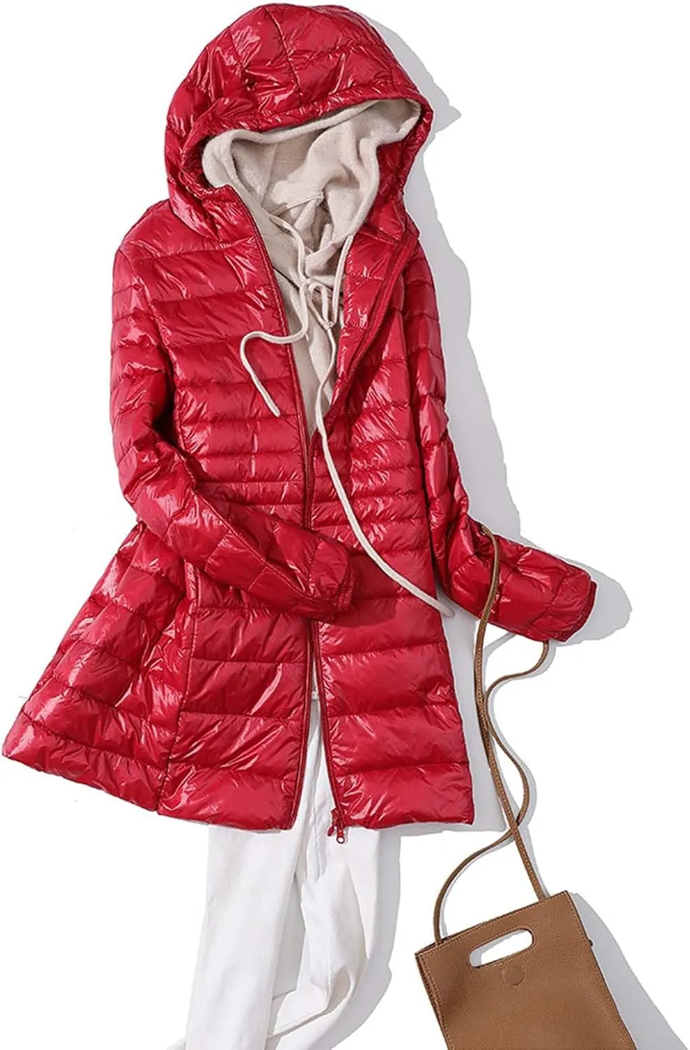 Women's Lightweight Down Jackets Hooded Drawstring Packable Puffer Jacket Windproof Warm Long Puffer 2024 Winter Coat