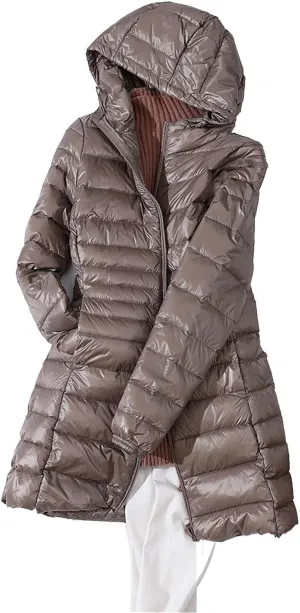 Women's Lightweight Down Jackets Hooded Drawstring Packable Puffer Jacket Windproof Warm Long Puffer 2024 Winter Coat
