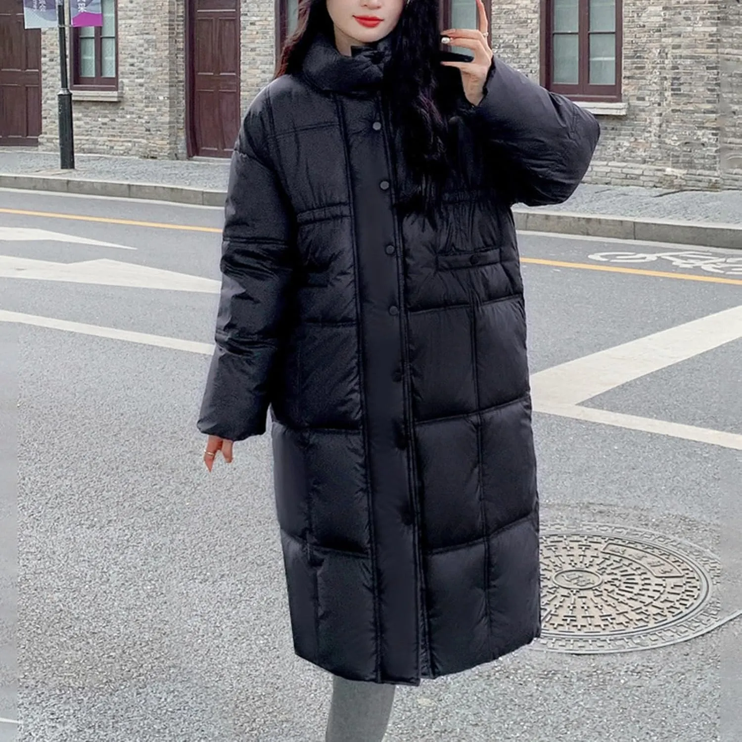 Womens Lightweight Quilted Jackets Long Puffer Down Jacket Thickened Warm Quilted Winter Coat Outerwear with Pockets