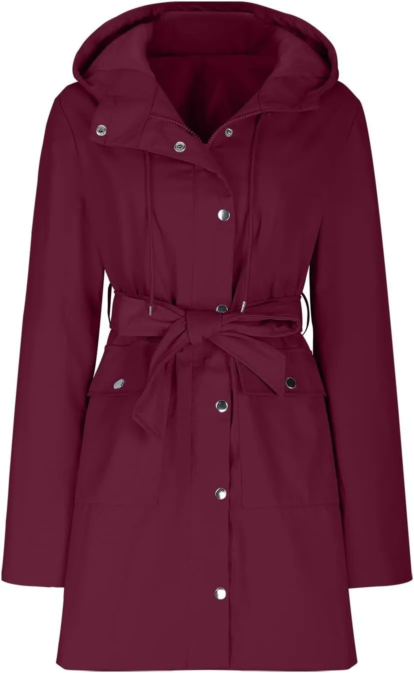 Women's Ligtweight Jackets Anorak Utility Belted Waist Hoodie Zip Up Fall Casual Long Sleeve Coat with Pockets