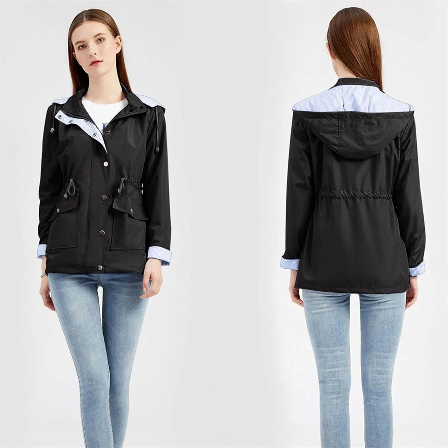 Women's Ligtweight Jackets Anorak Utility Drawstring Waist Hoodie Zip Up Fall Casual Trench Coat with Pockets