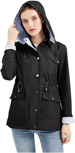 Women's Ligtweight Jackets Anorak Utility Drawstring Waist Hoodie Zip Up Fall Casual Trench Coat with Pockets