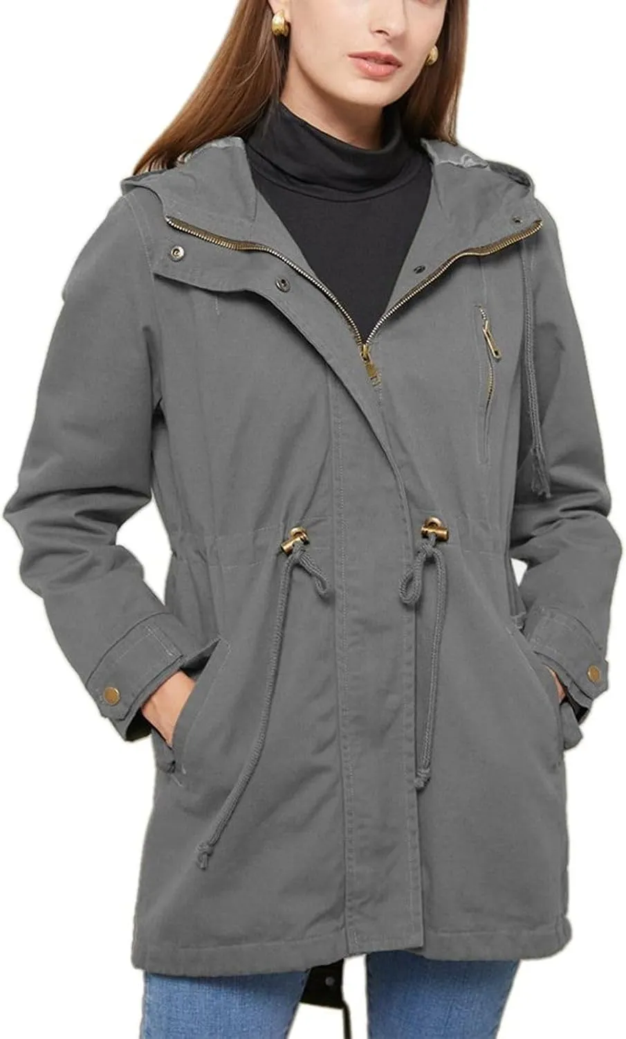 Women's Ligtweight Jackets Utility Slim Fit Zip Up Casual Fall Top Hooded Military Anorak Jackets with Pockets
