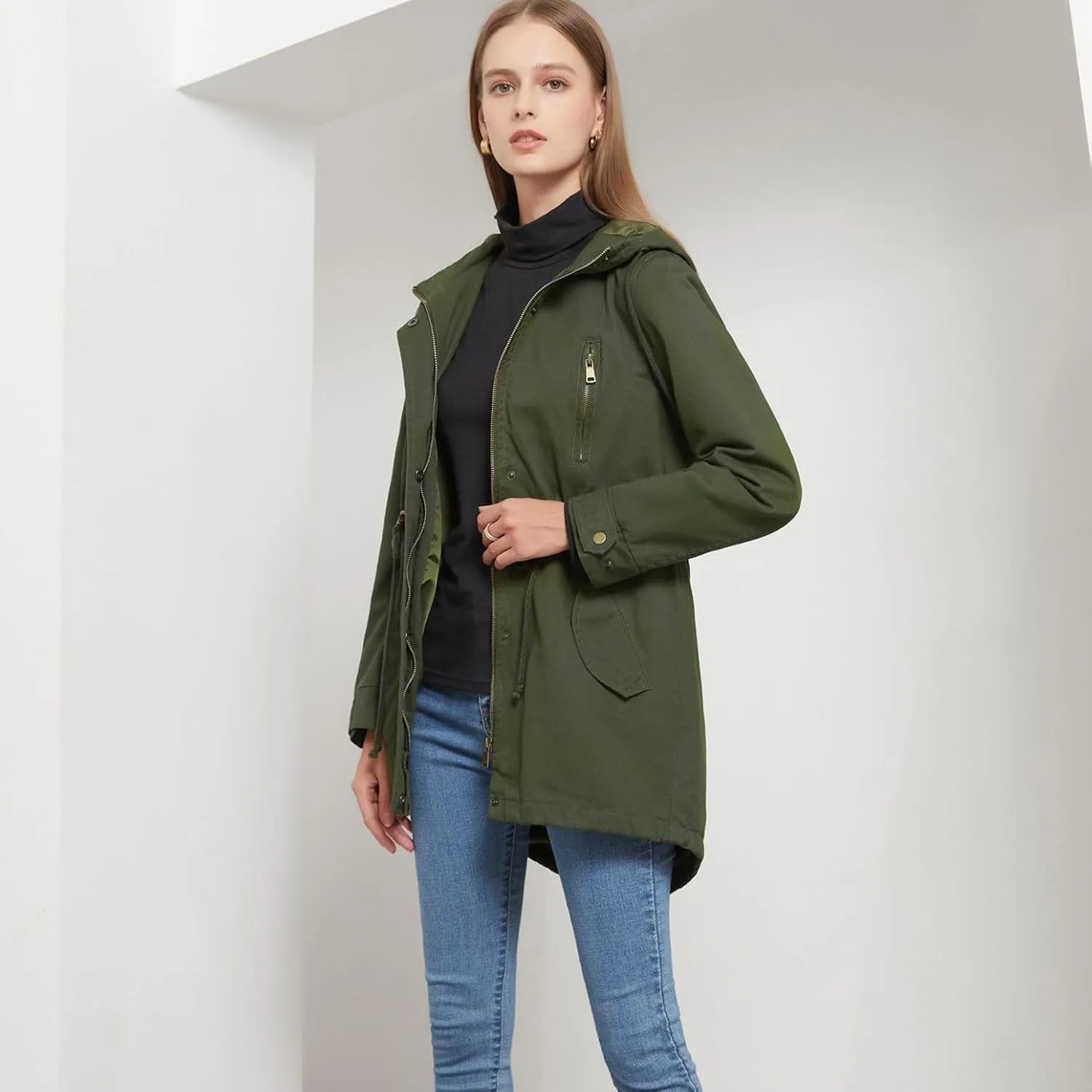 Women's Ligtweight Jackets Utility Slim Fit Zip Up Casual Fall Top Hooded Military Anorak Jackets with Pockets