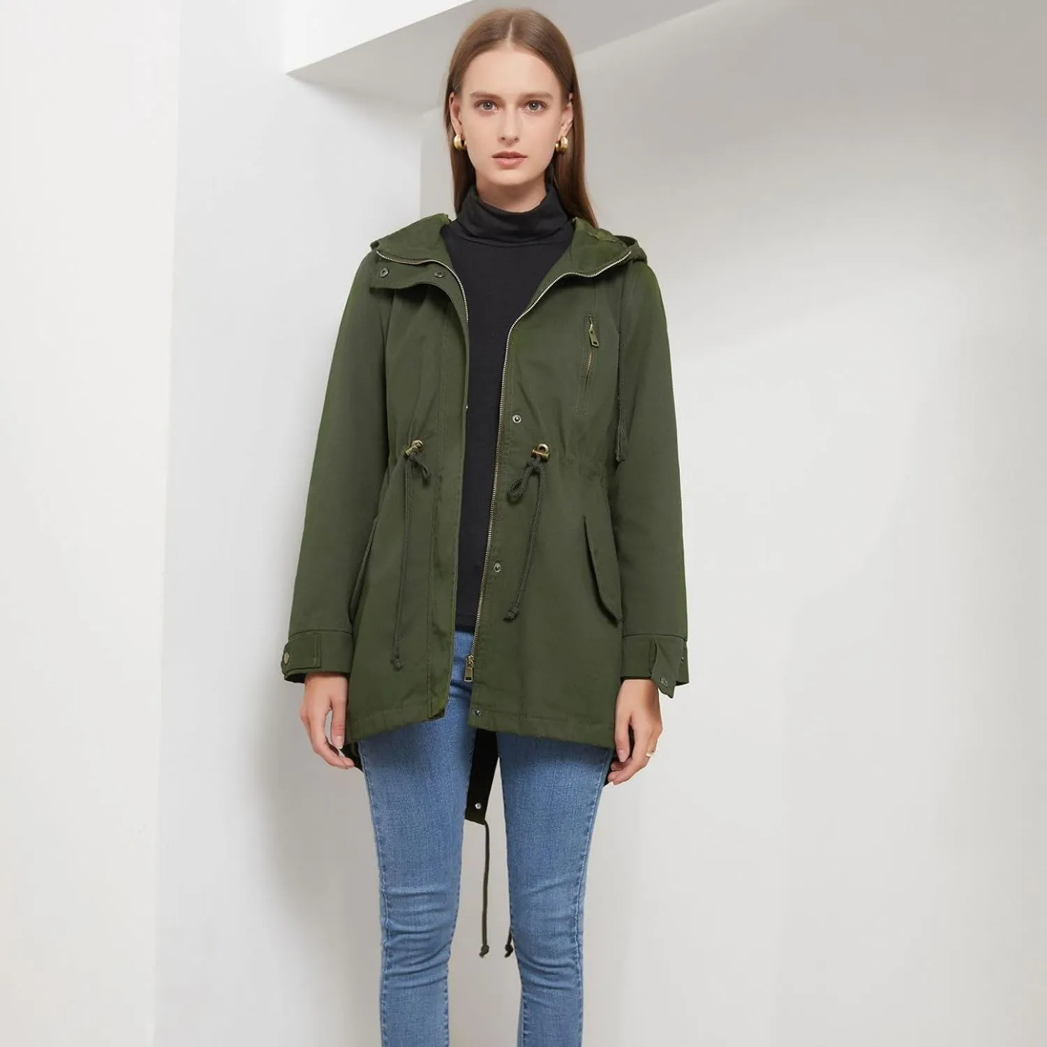 Women's Ligtweight Jackets Utility Slim Fit Zip Up Casual Fall Top Hooded Military Anorak Jackets with Pockets