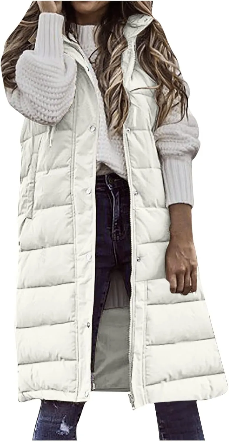 Women's Long Puffer Vest Cotton Sleeveless Puffy Jacket Womens Down Jackets Vest Zip Up Hooded Long Overcoat