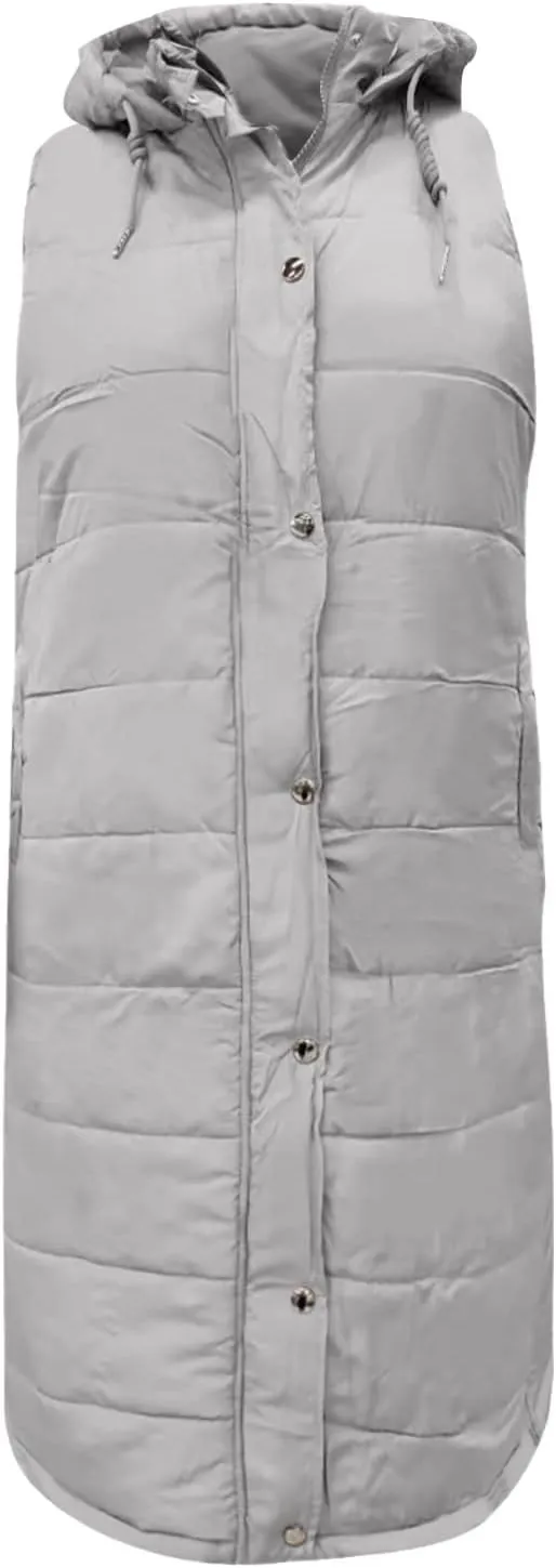 Women's Long Puffer Vest Cotton Sleeveless Puffy Jacket Womens Down Jackets Vest Zip Up Hooded Long Overcoat