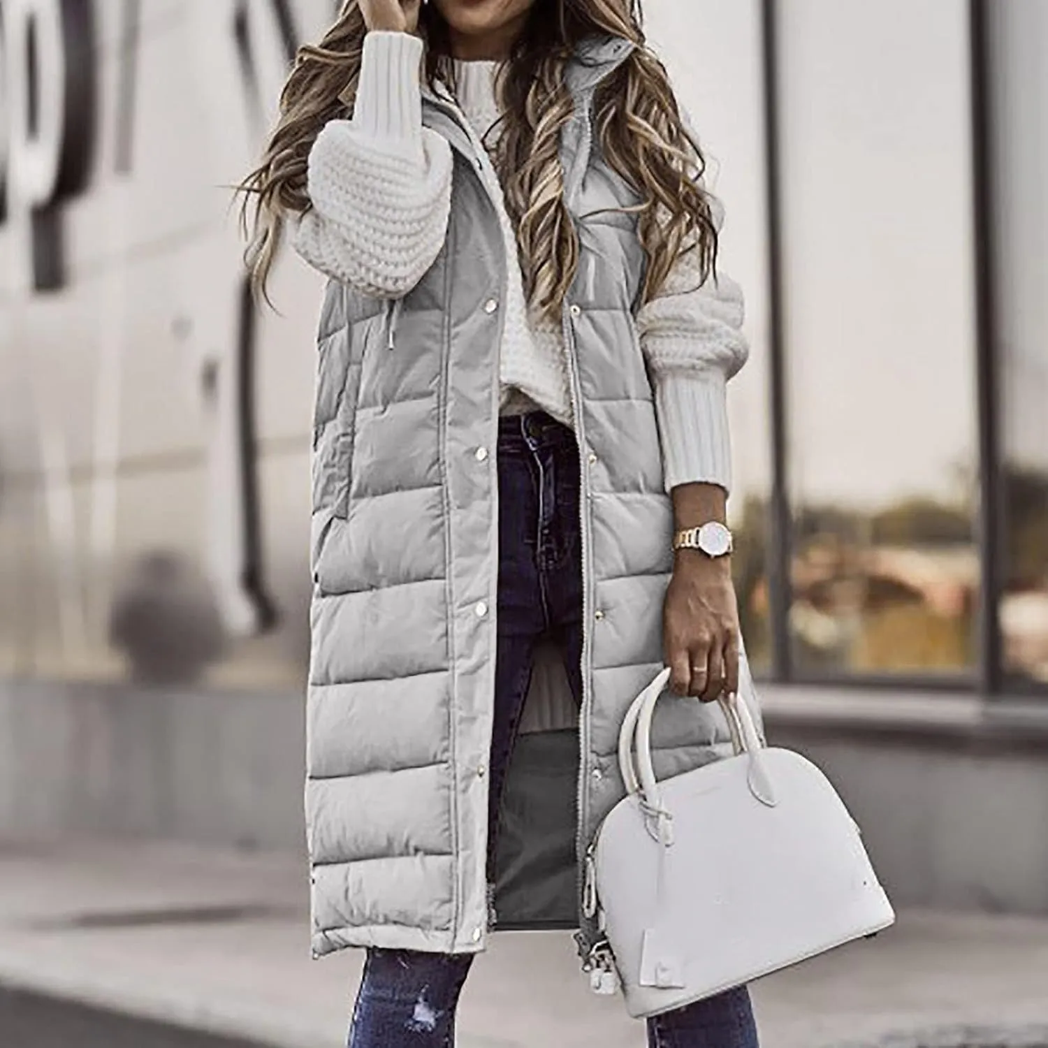 Women's Long Puffer Vest Cotton Sleeveless Puffy Jacket Womens Down Jackets Vest Zip Up Hooded Long Overcoat