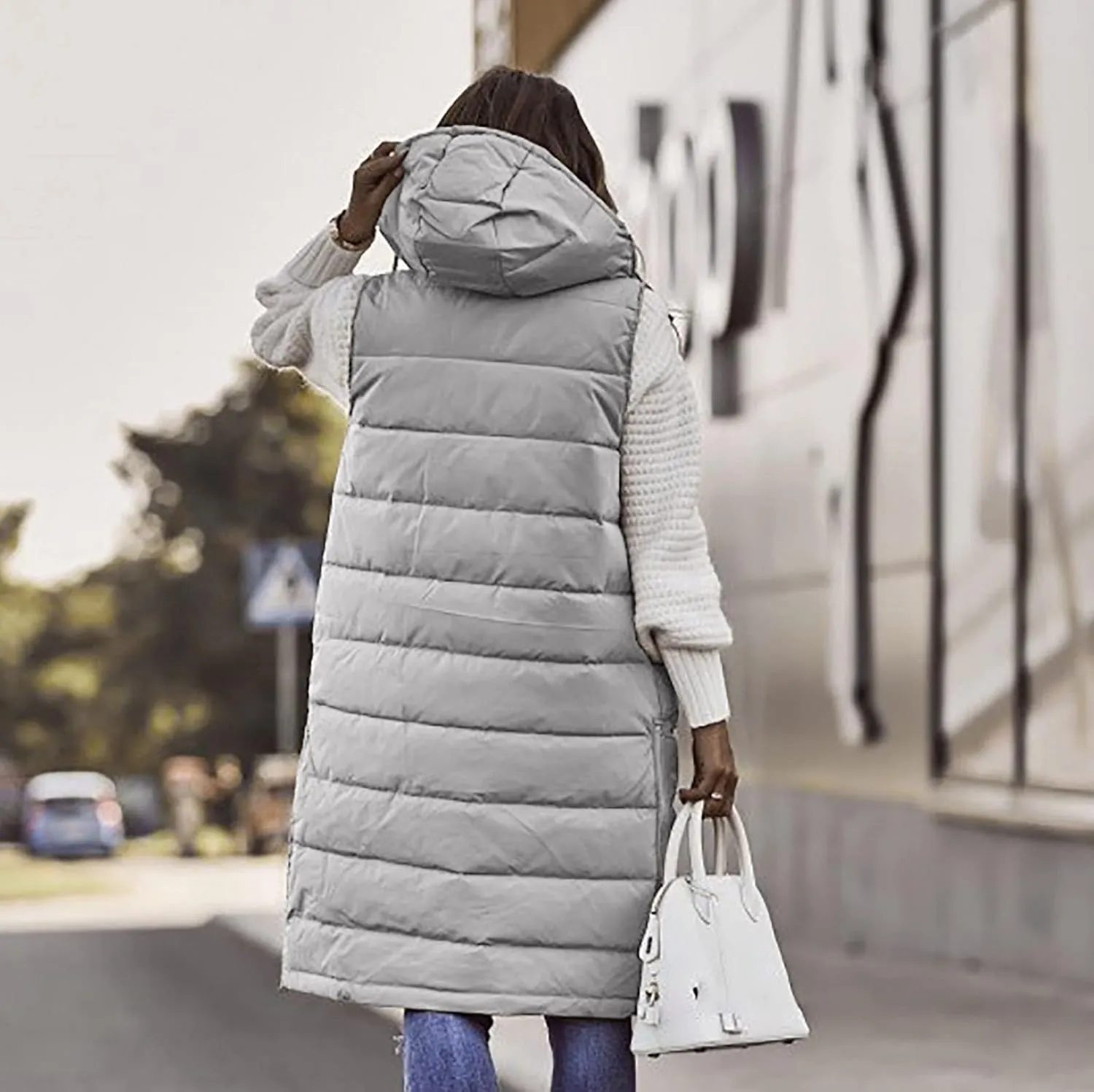Women's Long Puffer Vest Cotton Sleeveless Puffy Jacket Womens Down Jackets Vest Zip Up Hooded Long Overcoat