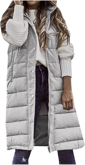 Women's Long Puffer Vest Cotton Sleeveless Puffy Jacket Womens Down Jackets Vest Zip Up Hooded Long Overcoat