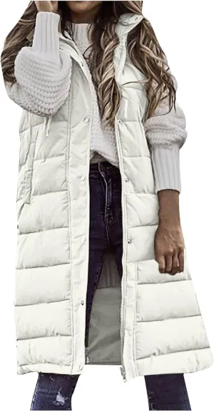 Women's Long Puffer Vest Cotton Sleeveless Puffy Jacket Womens Down Jackets Vest Zip Up Hooded Long Overcoat