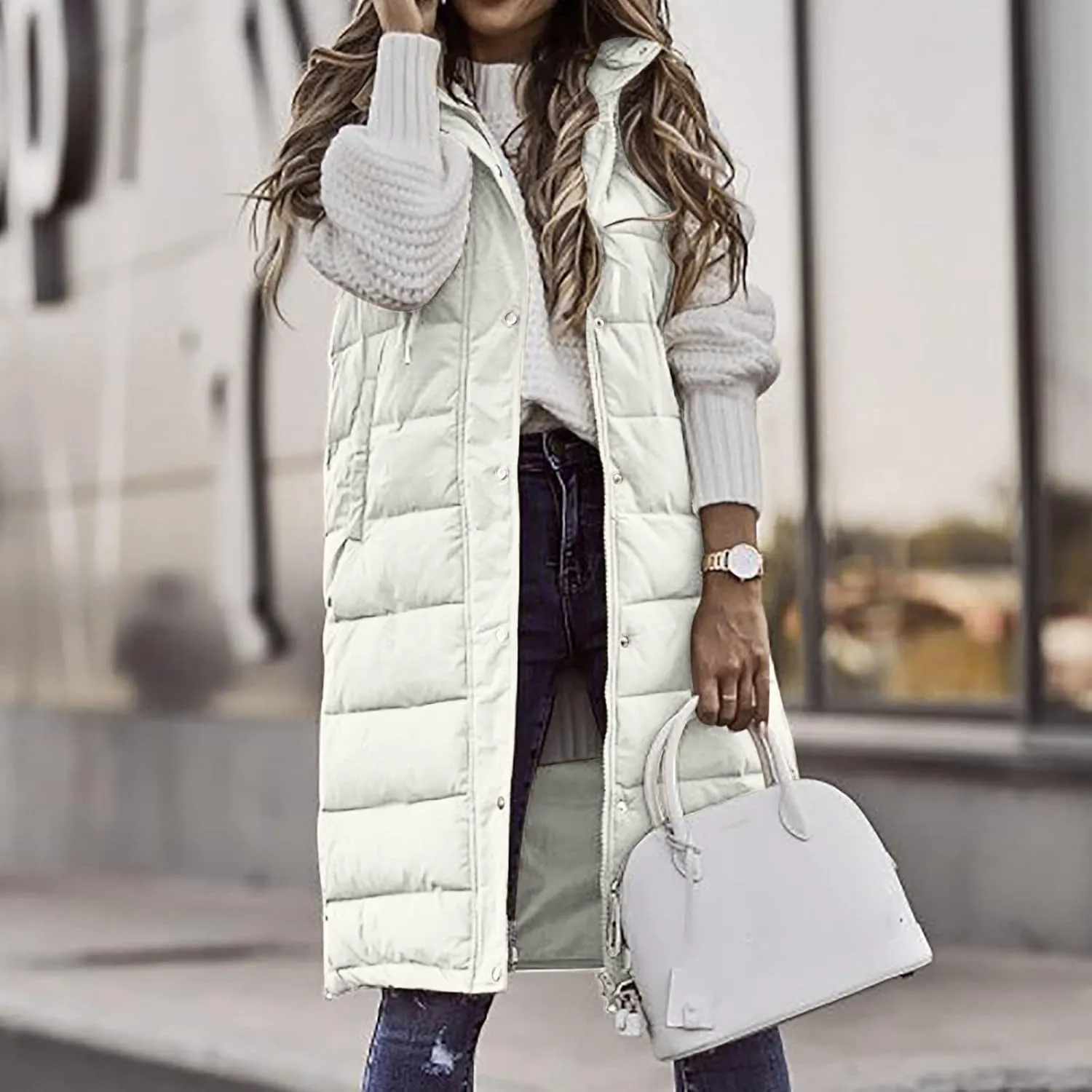 Women's Long Puffer Vest Cotton Sleeveless Puffy Jacket Womens Down Jackets Vest Zip Up Hooded Long Overcoat