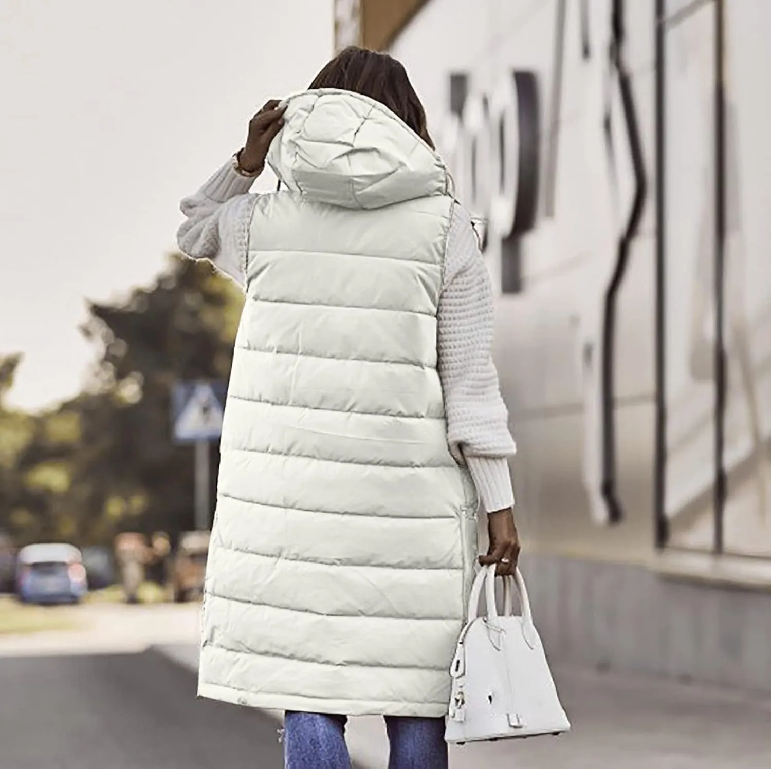 Women's Long Puffer Vest Cotton Sleeveless Puffy Jacket Womens Down Jackets Vest Zip Up Hooded Long Overcoat