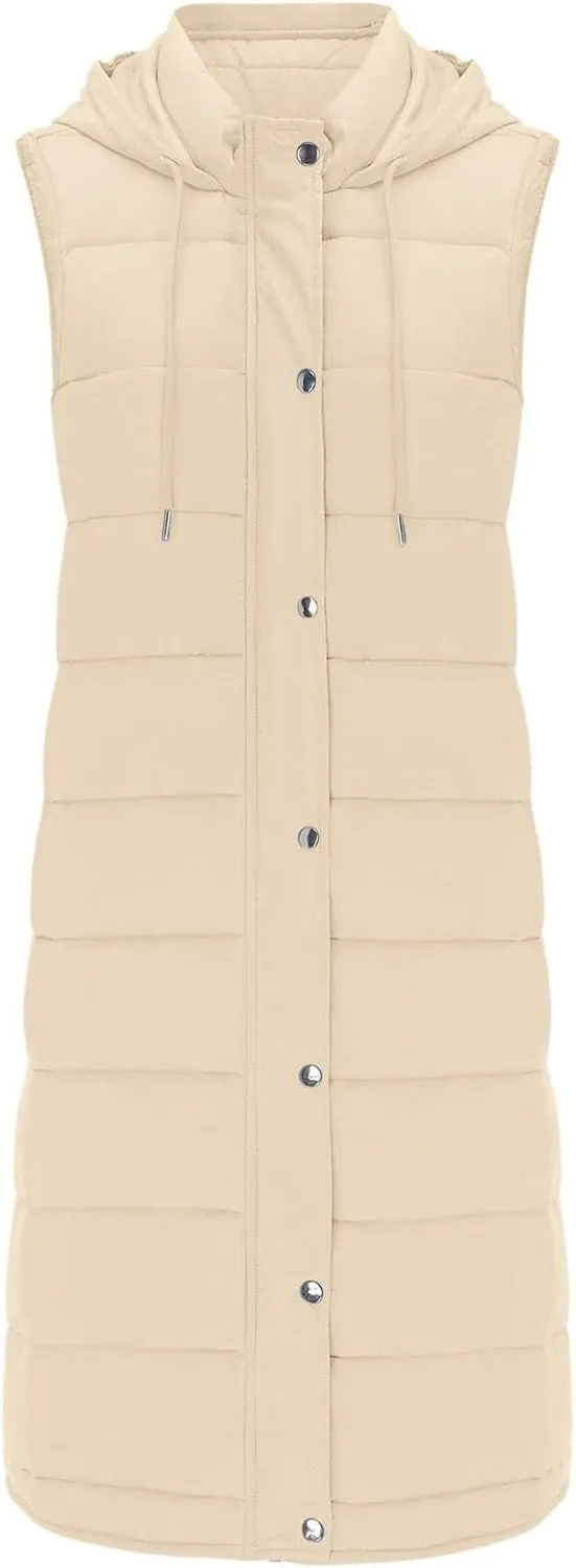Womens Long Winter Coat Vest With Hood Sleeveless Warm Down Loose Coat With Pockets Quilted Petite Winter Jackets