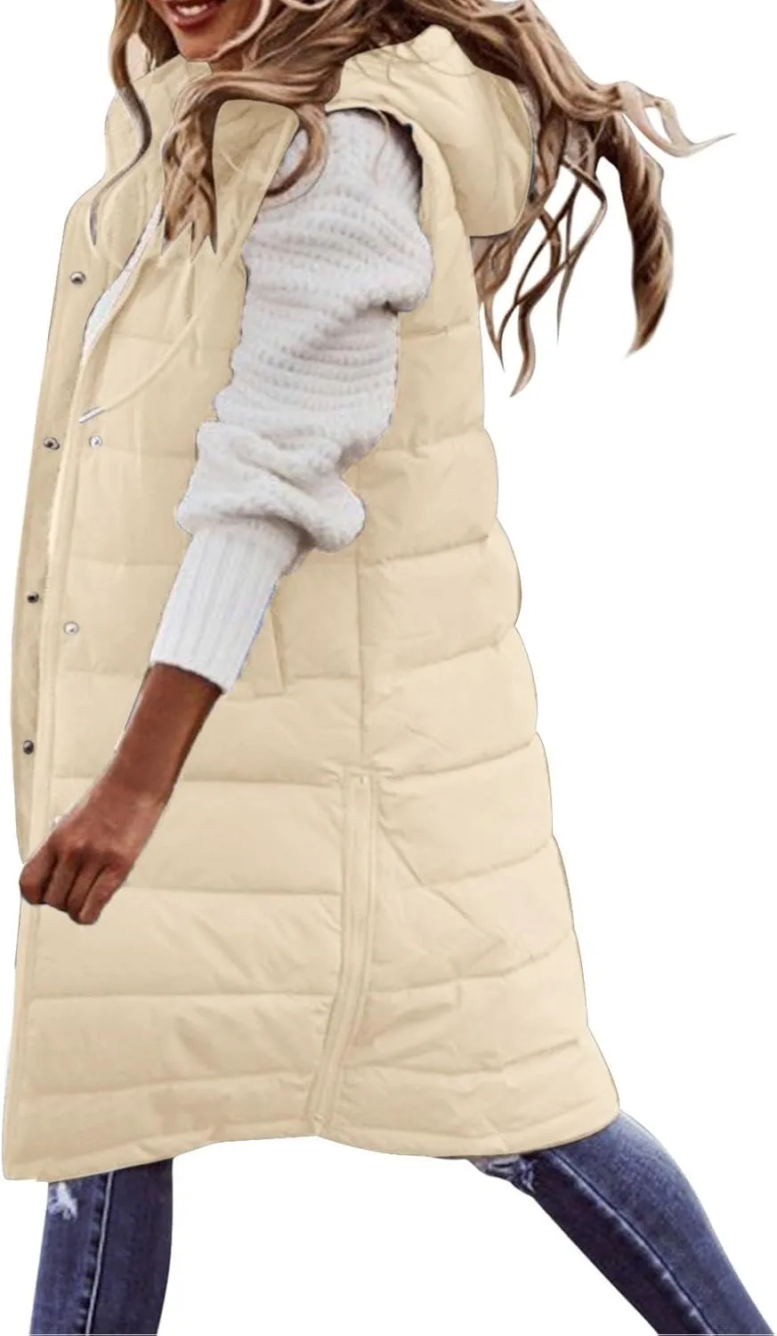 Womens Long Winter Coat Vest With Hood Sleeveless Warm Down Loose Coat With Pockets Quilted Petite Winter Jackets