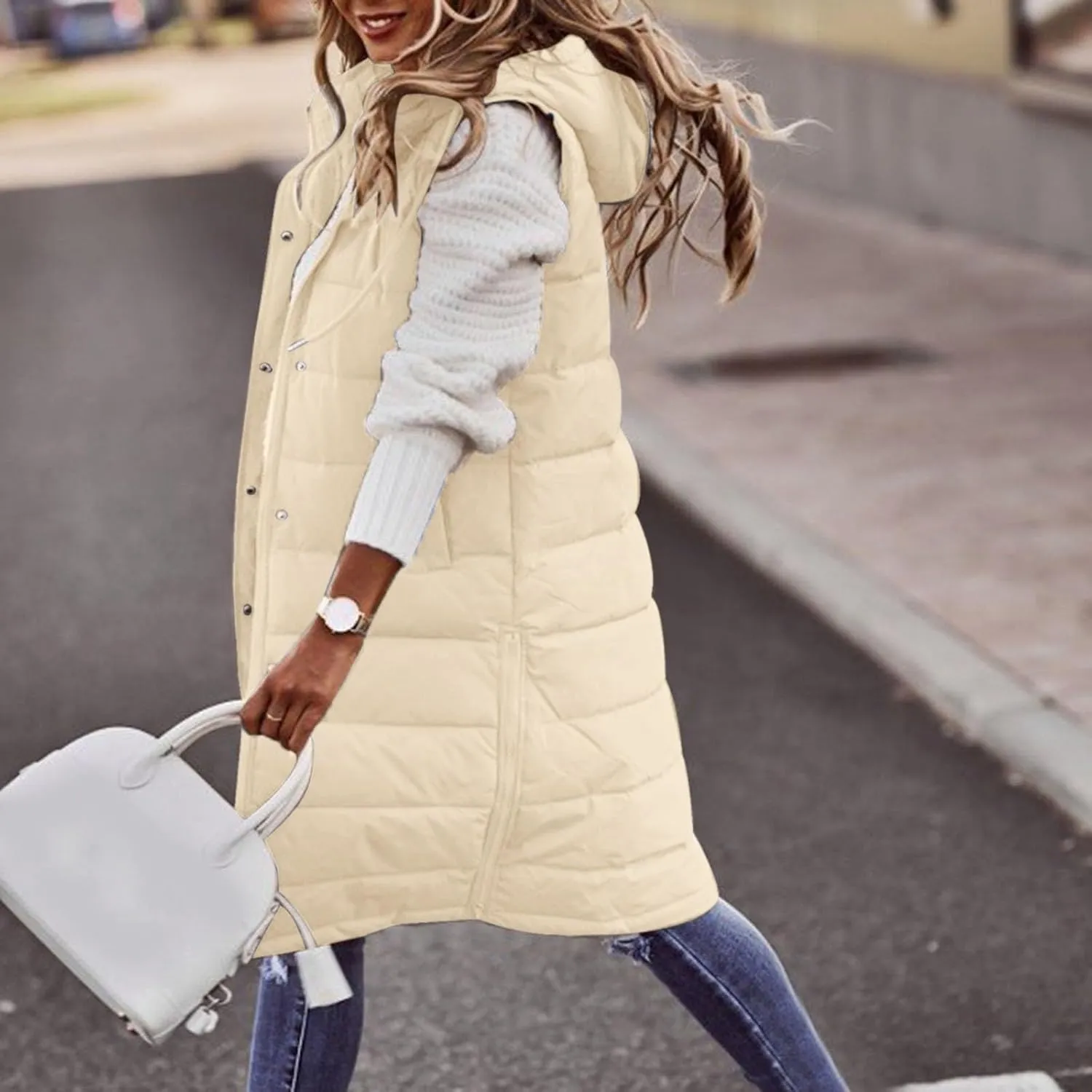 Womens Long Winter Coat Vest With Hood Sleeveless Warm Down Loose Coat With Pockets Quilted Petite Winter Jackets