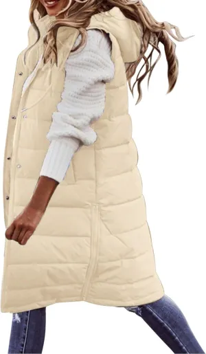 Womens Long Winter Coat Vest With Hood Sleeveless Warm Down Loose Coat With Pockets Quilted Petite Winter Jackets