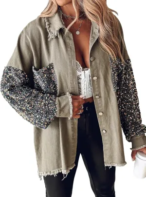 Women's Oversized Jacket Sequin Patchwork Long Sleeve Jacket Top Boyfriend Button Front Shirts Denim Jacket