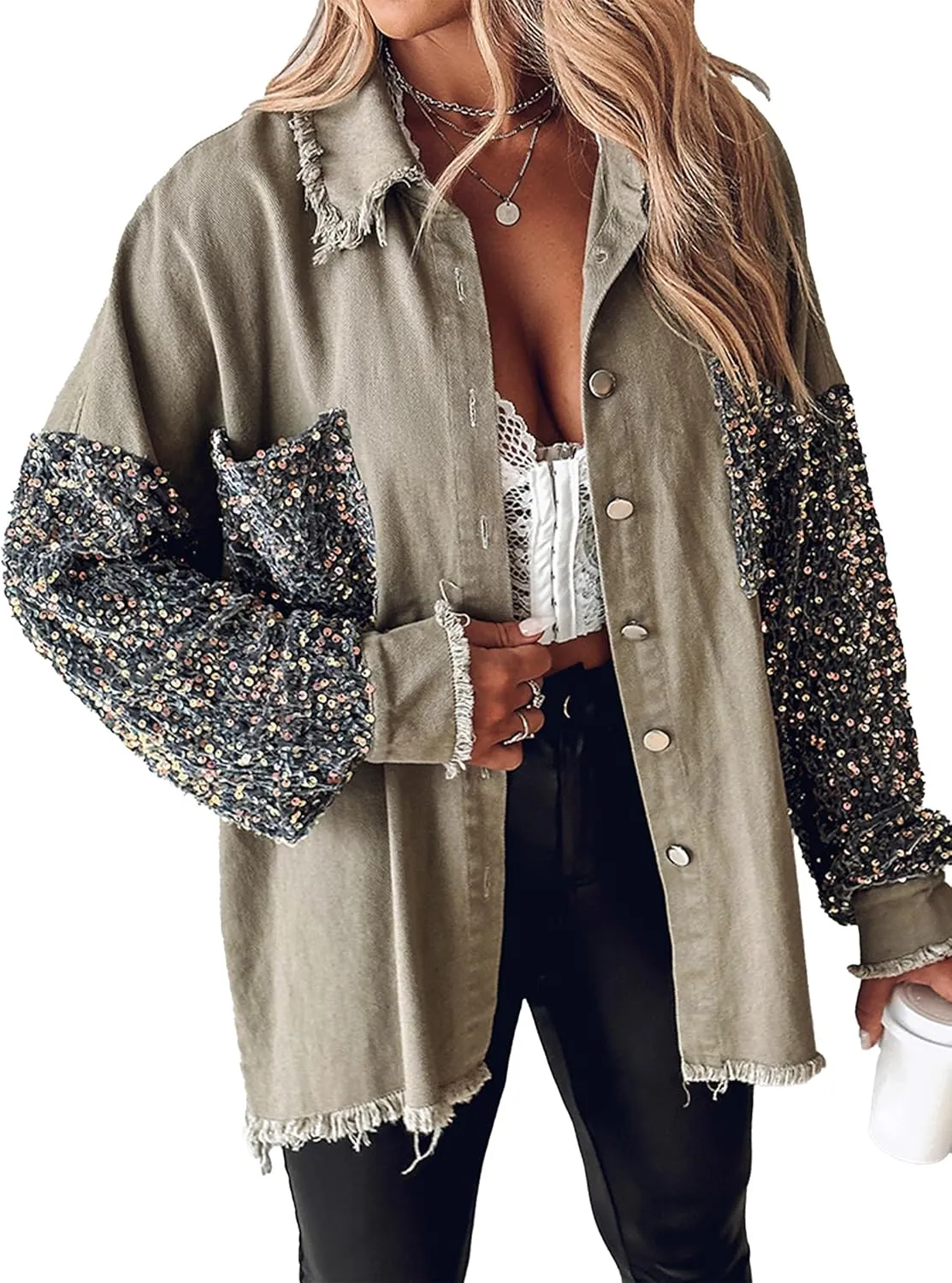 Women's Oversized Jacket Sequin Patchwork Long Sleeve Jacket Top Boyfriend Button Front Shirts Denim Jacket