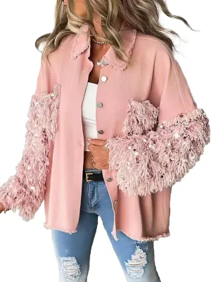 Women's Oversized Jacket Sequin Patchwork Long Sleeve Jacket Top Boyfriend Button Front Shirts Denim Jacket