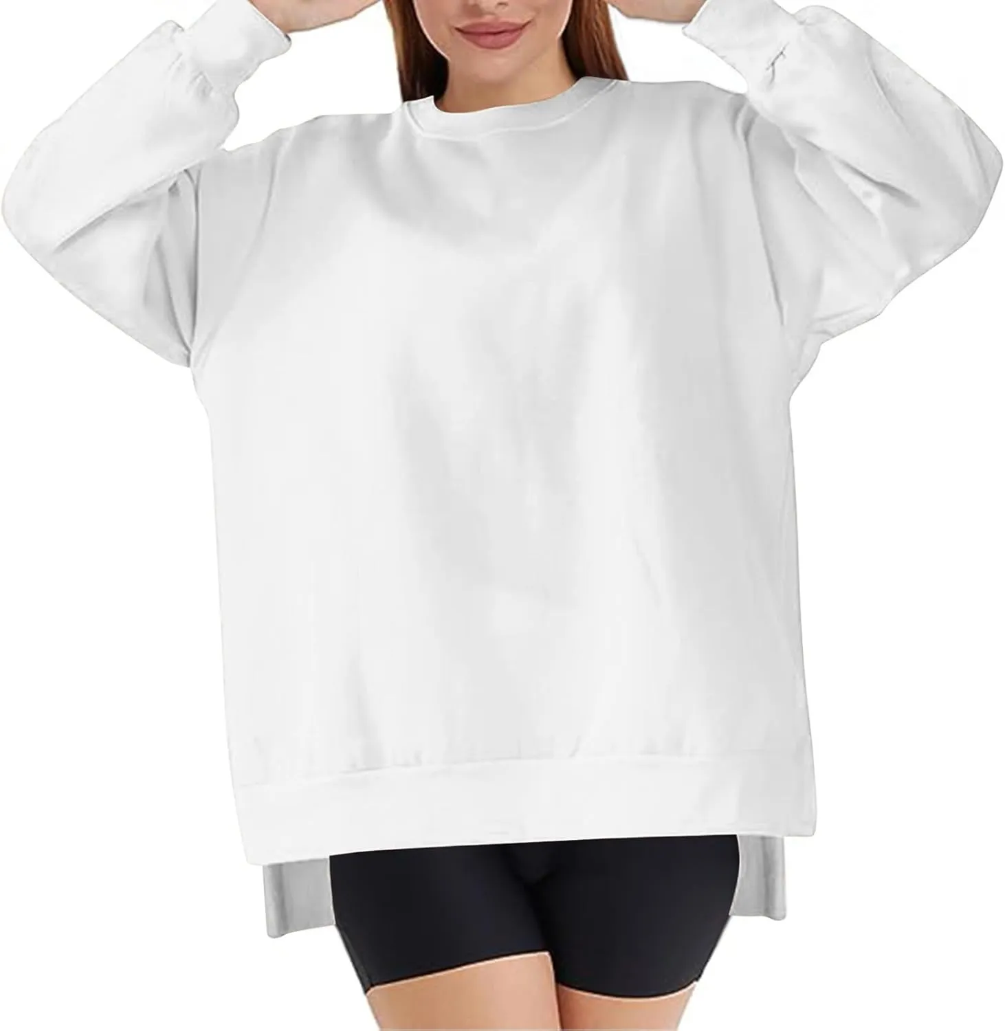 Women's Oversized Sweatshirts Solid Color Long Sleeve Crewneck Hoodies Side Slit Lightweight Pullovers Dailywear