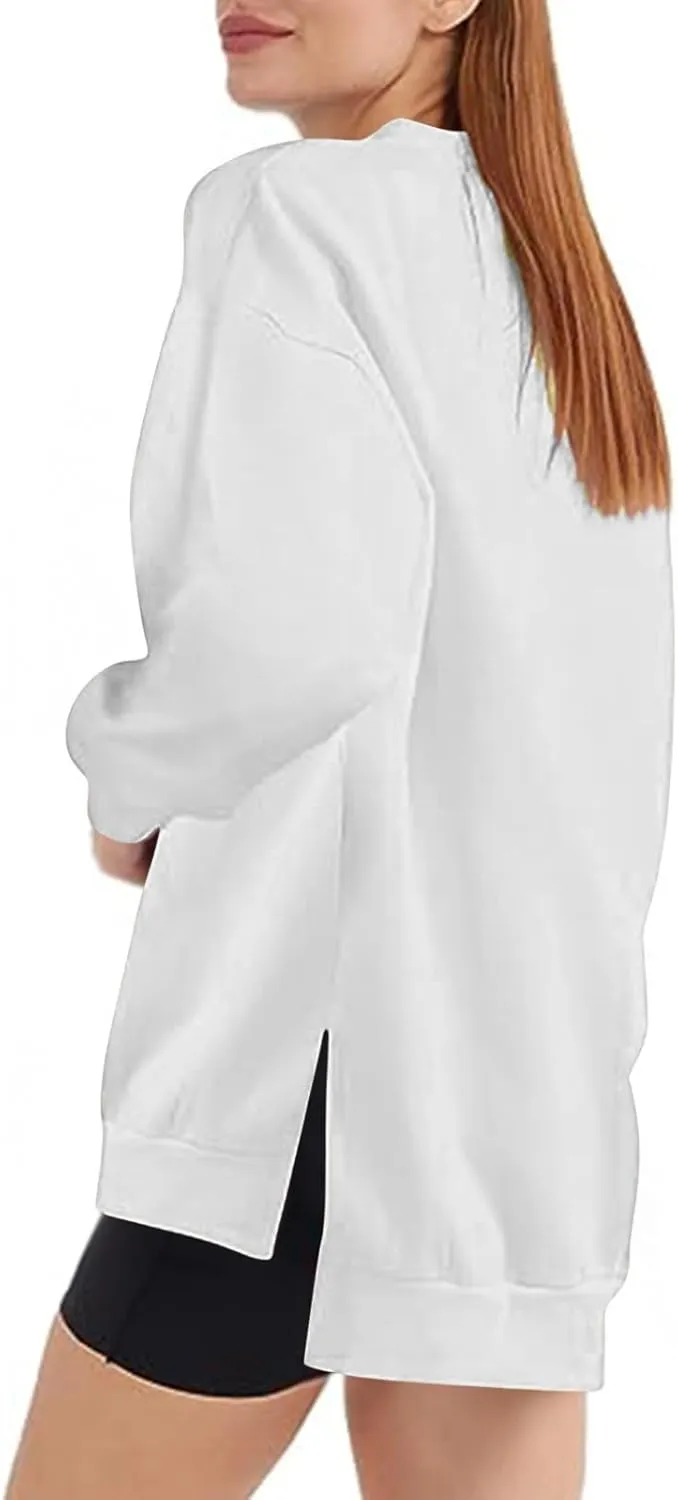 Women's Oversized Sweatshirts Solid Color Long Sleeve Crewneck Hoodies Side Slit Lightweight Pullovers Dailywear