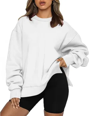 Women's Oversized Sweatshirts Solid Color Long Sleeve Crewneck Hoodies Side Slit Lightweight Pullovers Dailywear