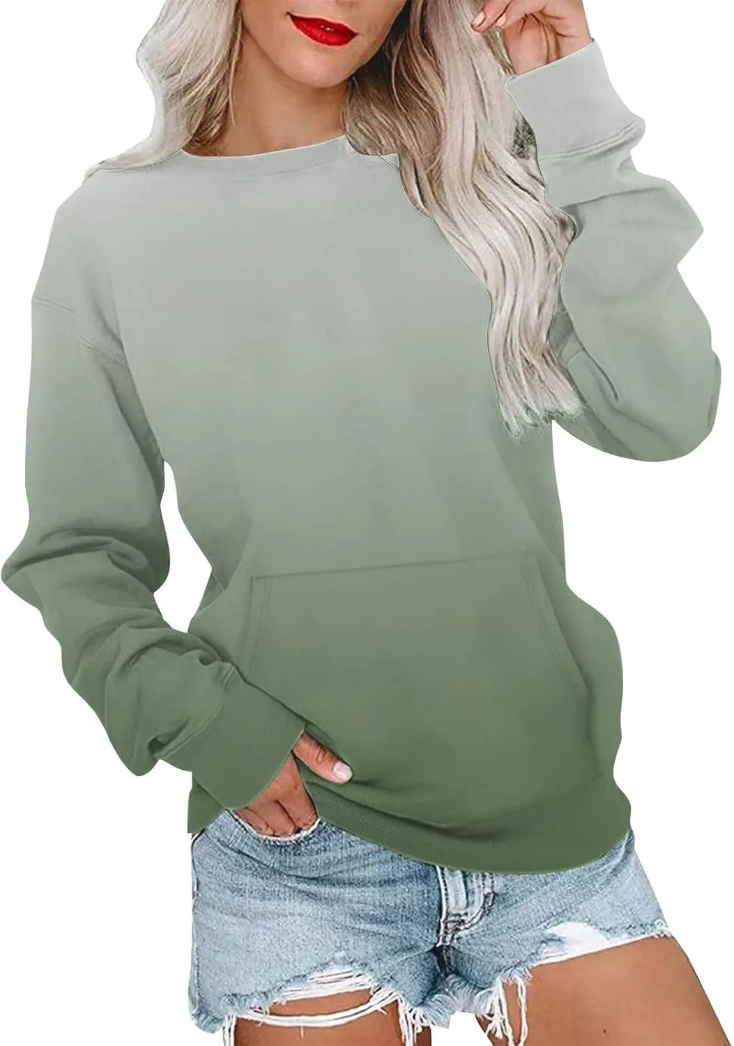 Womens Pocketed Sweatshirts Crewneck Long Sleeve Gradient Fleece Pullover Tie Dye Fall Trendy Going Out Tops