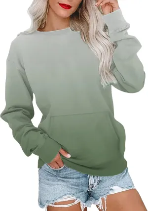 Womens Pocketed Sweatshirts Crewneck Long Sleeve Gradient Fleece Pullover Tie Dye Fall Trendy Going Out Tops