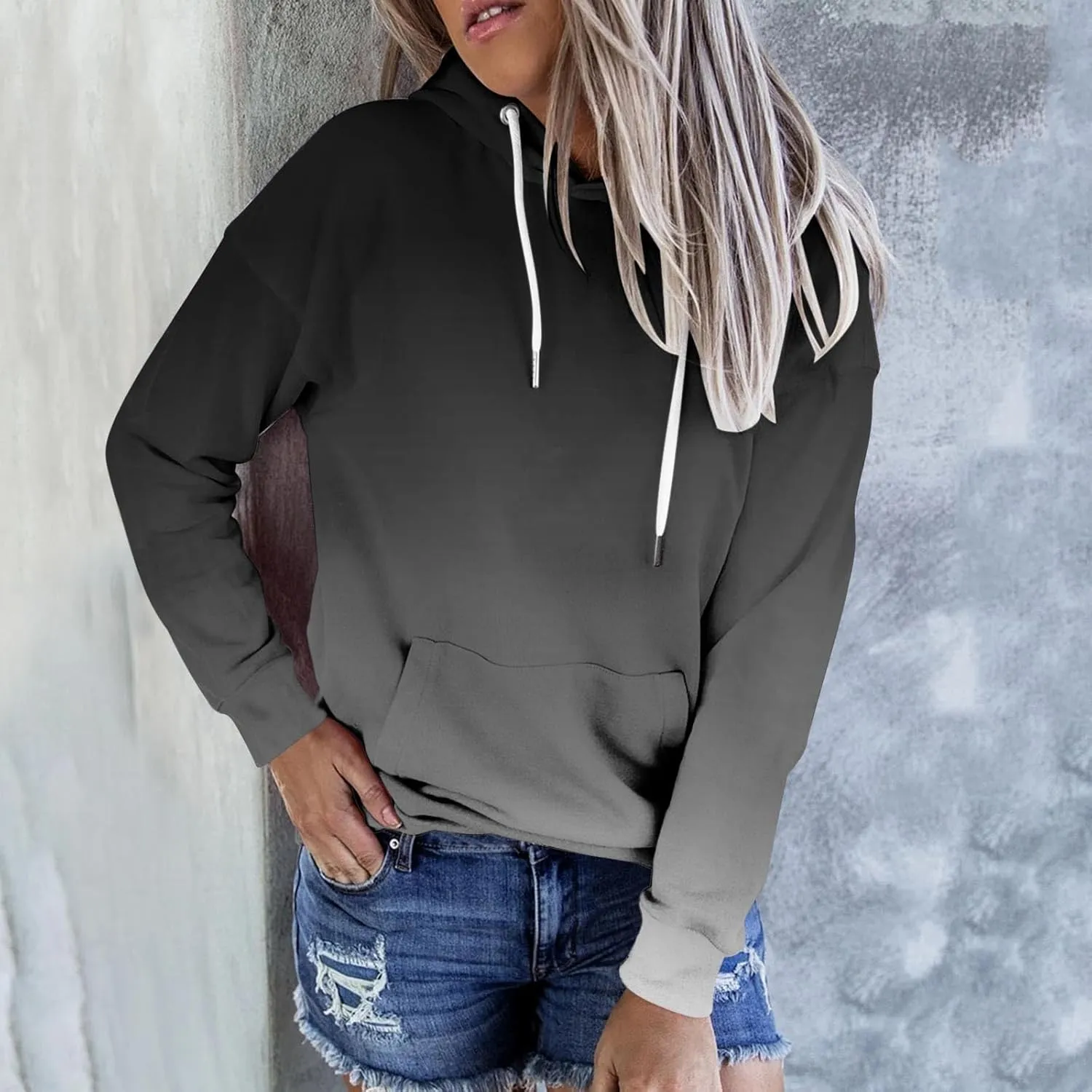 Womens Pullover Hoodie Sweatshirts Casual Tie Dye Tunic Shirts Long Sleeve Drawstring Pullover Tops With Pocket
