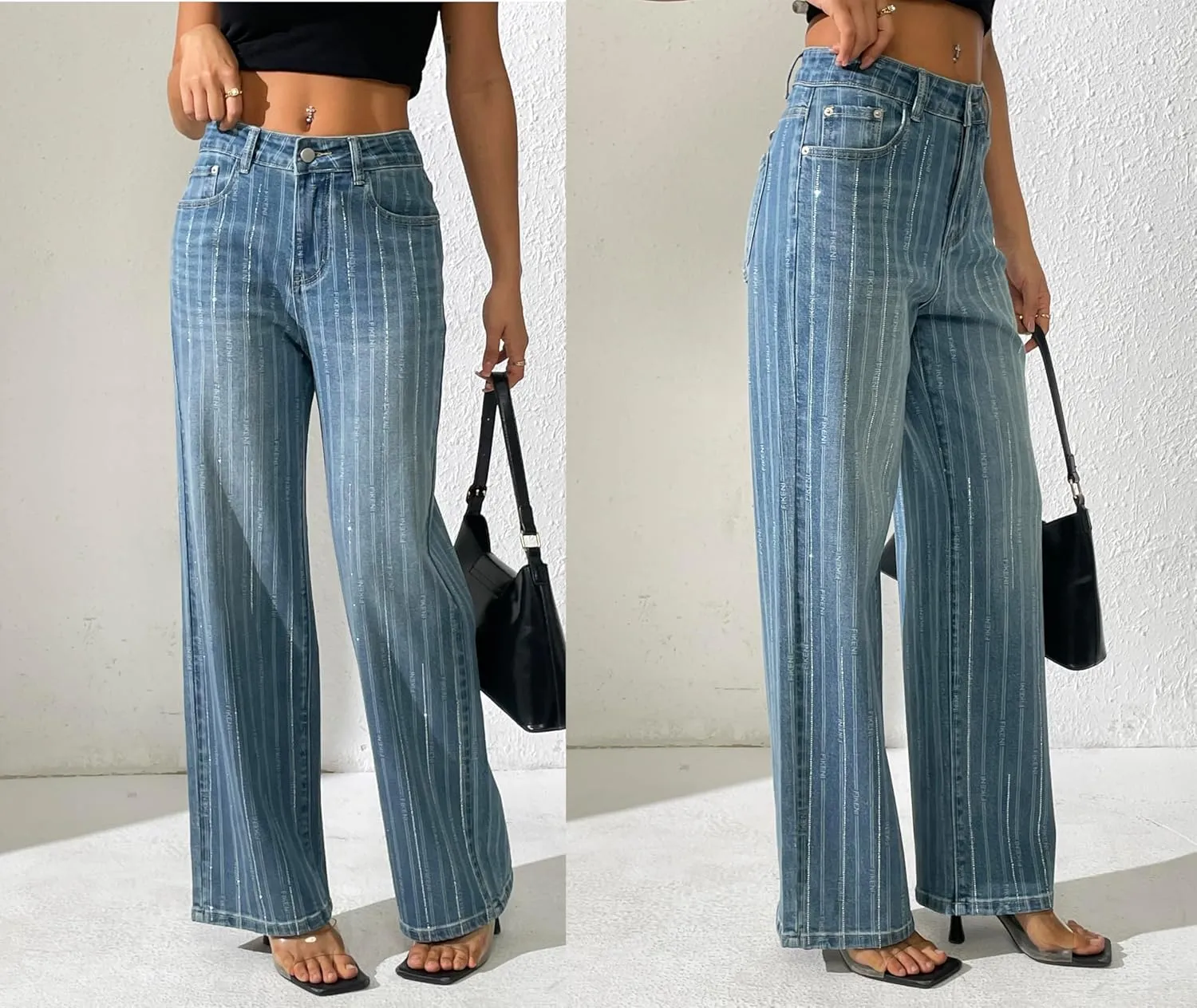 Women's Rhinestone Striped Jeans Wide Straight Leg Pants High Waist Stretch Denim Trouser 2025 Jeans
