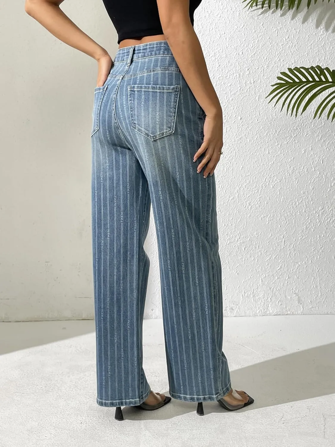 Women's Rhinestone Striped Jeans Wide Straight Leg Pants High Waist Stretch Denim Trouser 2025 Jeans