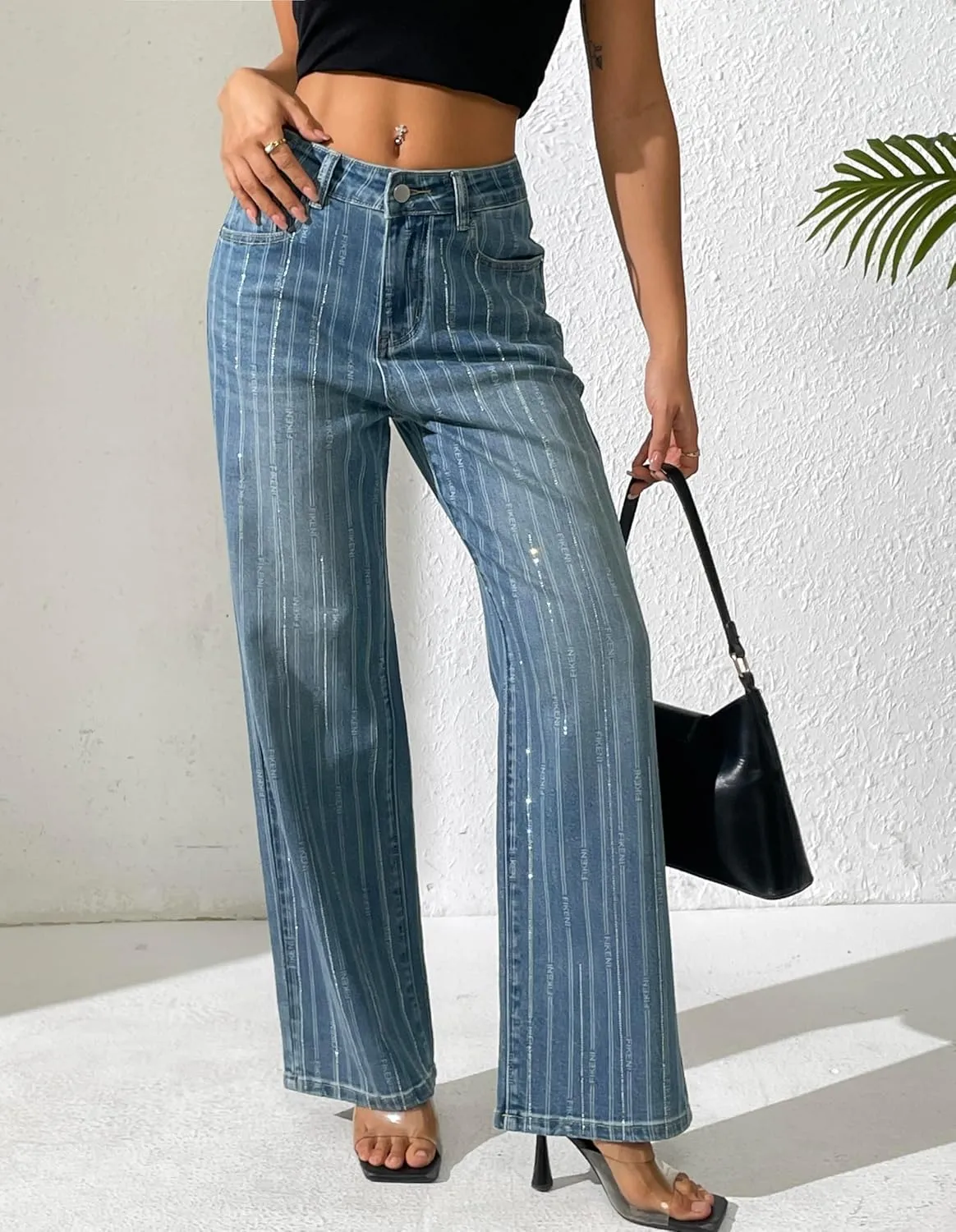 Women's Rhinestone Striped Jeans Wide Straight Leg Pants High Waist Stretch Denim Trouser 2025 Jeans