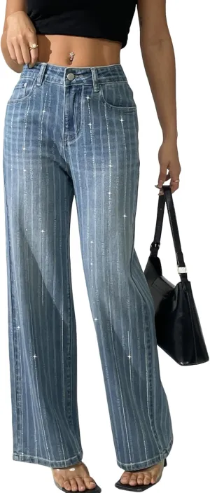 Women's Rhinestone Striped Jeans Wide Straight Leg Pants High Waist Stretch Denim Trouser 2025 Jeans