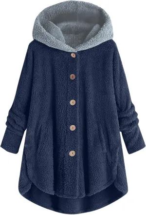 Women's Sherpa Fleece Oversized Coats Button Down Curved Hem Hooded Loose Cardigan Winter Warm Jacket Fuzzy Outwear
