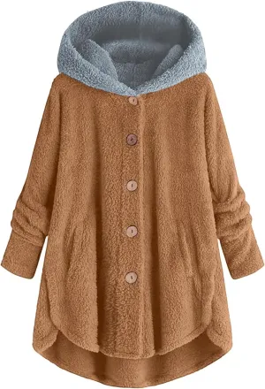 Women's Sherpa Fleece Oversized Coats Button Down Curved Hem Hooded Loose Cardigan Winter Warm Jacket Fuzzy Outwear
