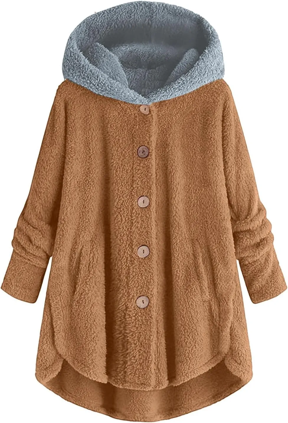 Women's Sherpa Fleece Oversized Coats Button Down Curved Hem Hooded Loose Cardigan Winter Warm Jacket Fuzzy Outwear