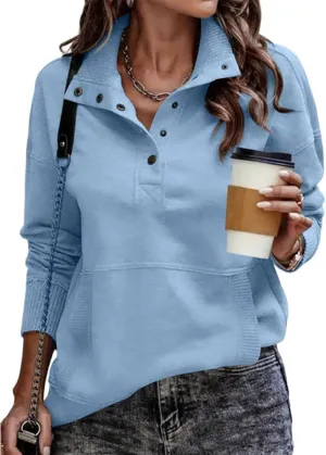 Women's Snaps Henley Sweatshirt Casual High Neck Long Sleeve Sweaters with Pocket Lightweight Pullover Tops