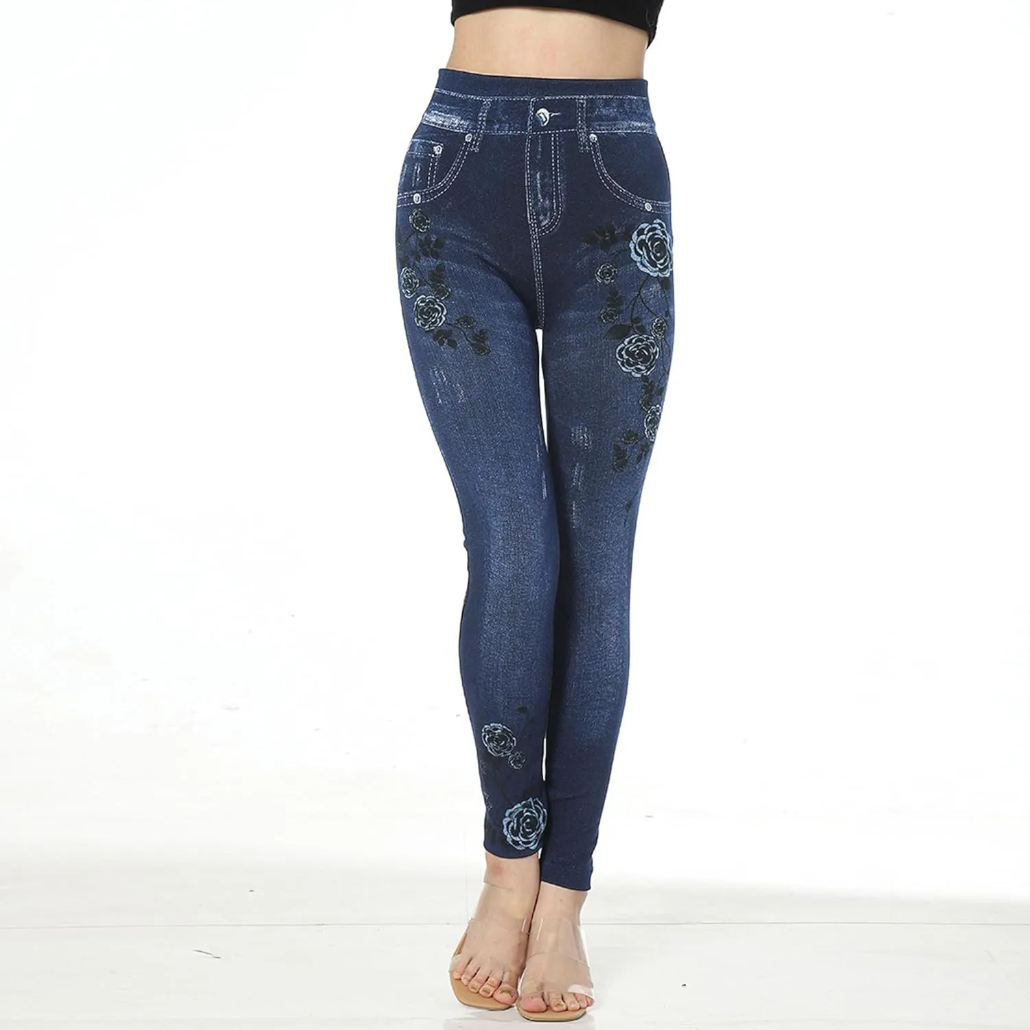 Women's Stretch Embroidered Washed Denim Trousers Slim Fit Flower Skinny Pencil Jeans Pocket Floral Tight Jeans