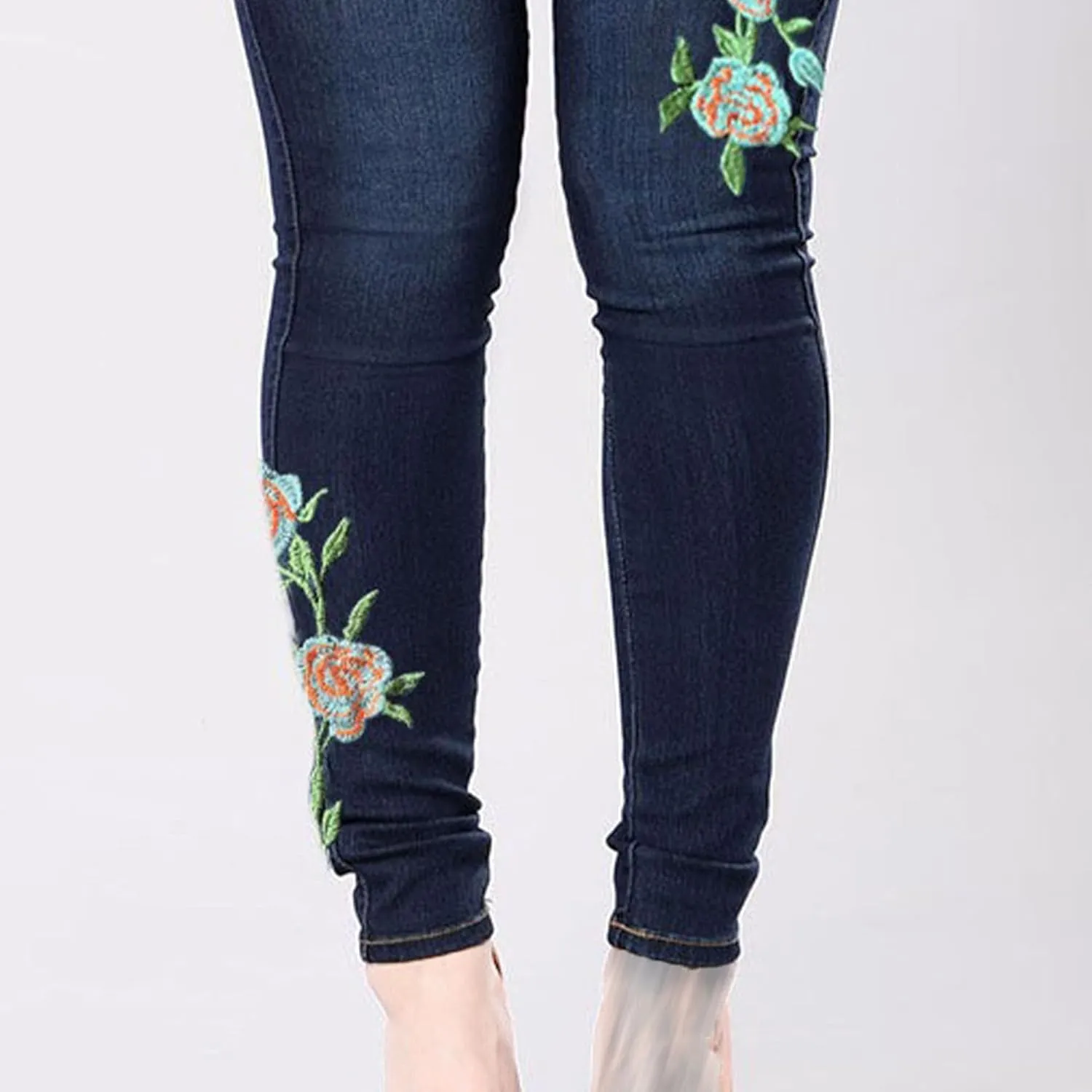 Women's Stretch Embroidered Washed Denim Trousers Slim Fit Flower Skinny Pencil Jeans Pocket Floral Tight Jeans