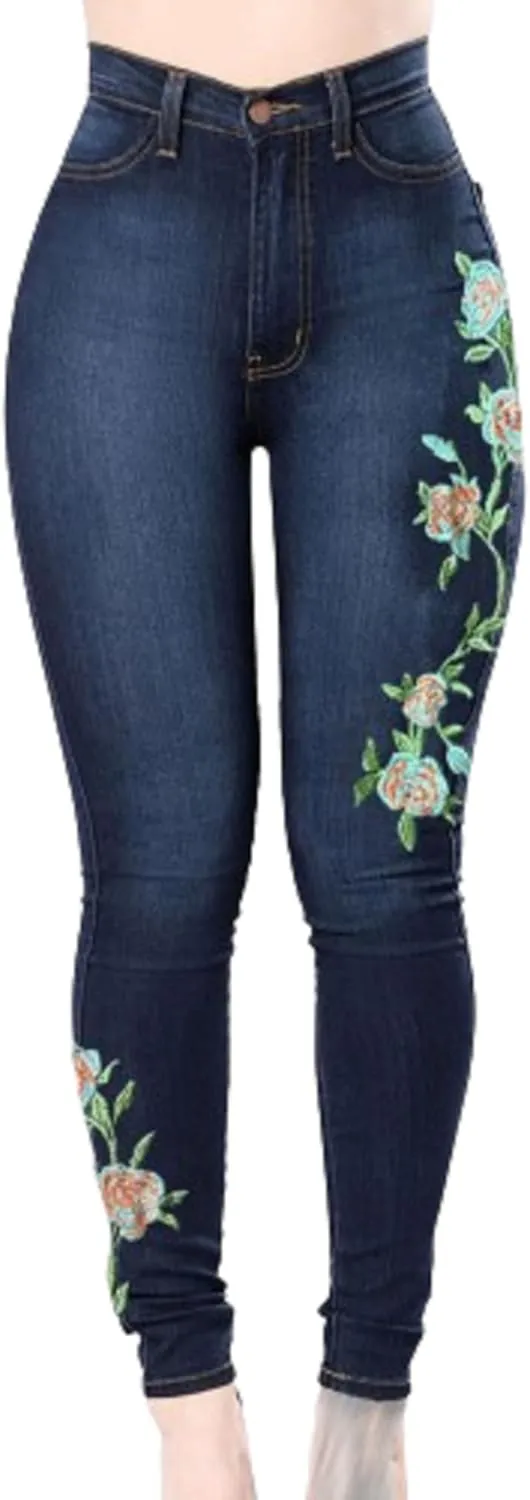 Women's Stretch Embroidered Washed Denim Trousers Slim Fit Flower Skinny Pencil Jeans Pocket Floral Tight Jeans