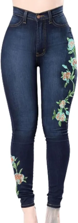 Women's Stretch Embroidered Washed Denim Trousers Slim Fit Flower Skinny Pencil Jeans Pocket Floral Tight Jeans